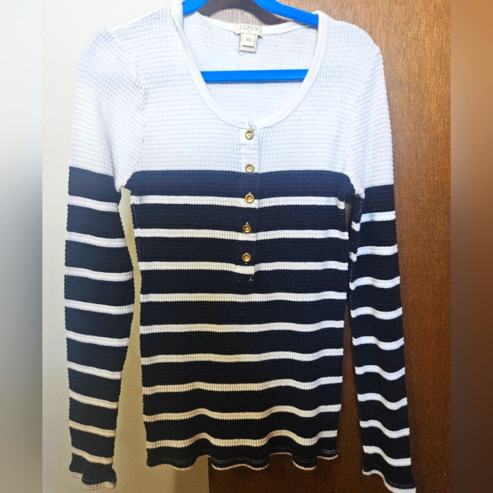 J. Crew Navy Blue and White Striped Waffle Quarter Button Down Blouse Size XS